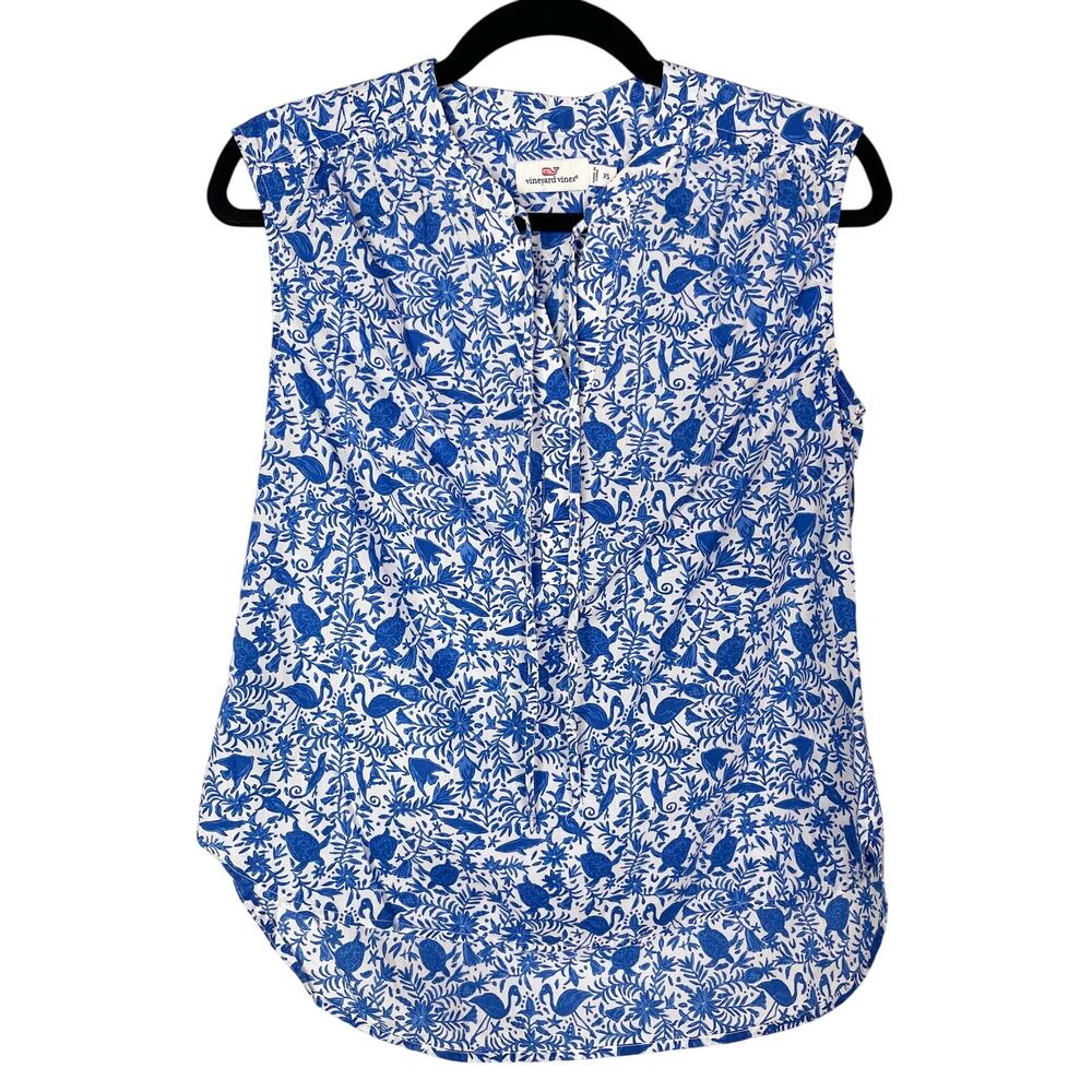 Vineyard Vines XS Blue White Bahamas Otomi Popover Sleeveless Blouse Top VNeck